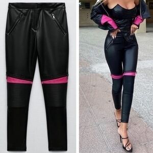 Zara Faux Leather Moto Pants Pink Stripe XS